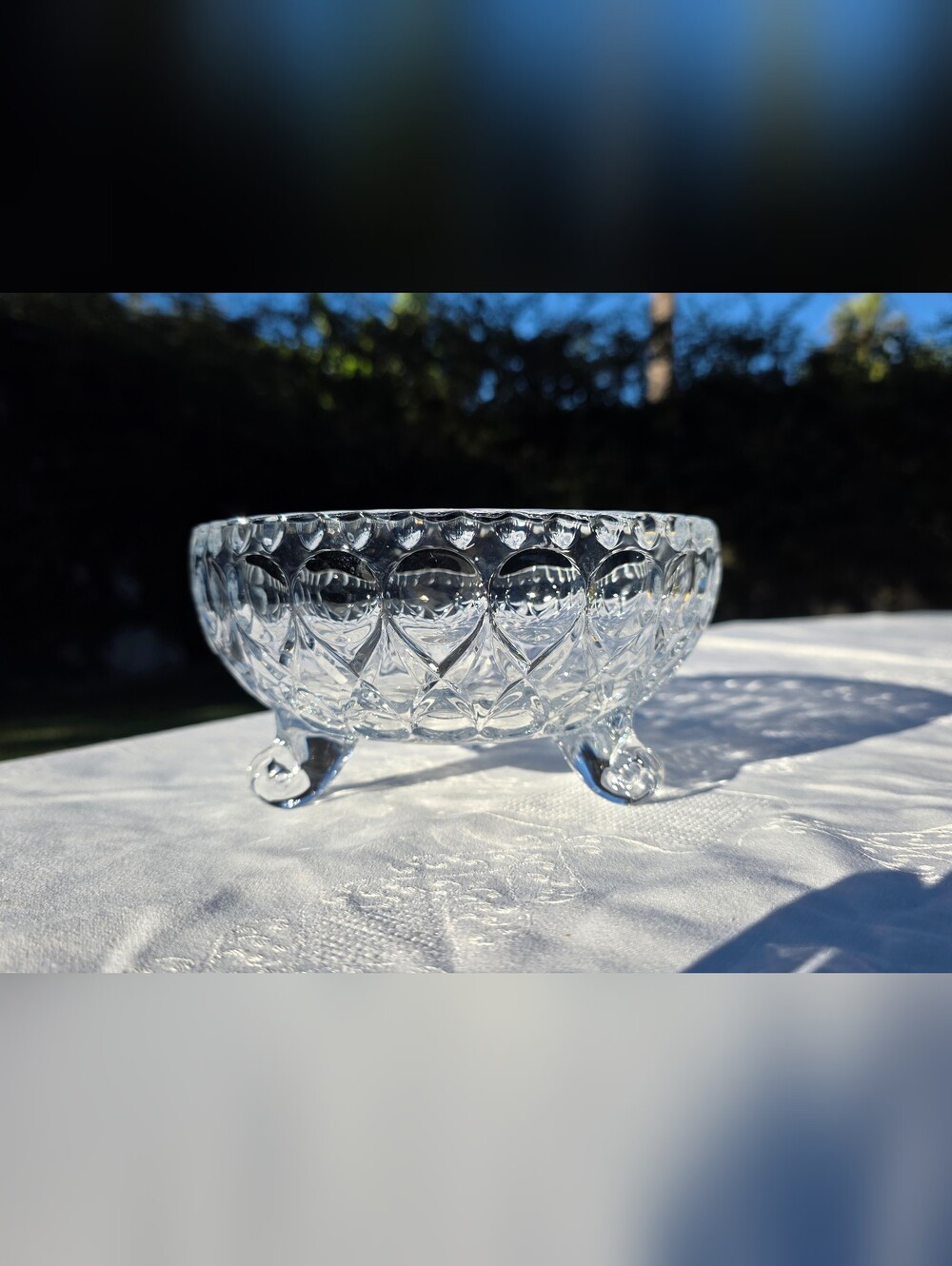 Vintage Clear Pressed Glass 3 Footed Bowl Thumbprint Diamond Scroll Feet 7”